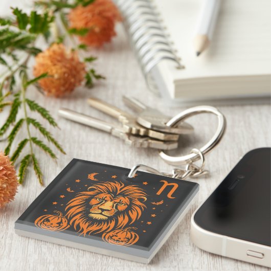 Leo Zodiac Lion Halloween Pumpkins Spooky Sleutelhanger (Voorkant Rechts)