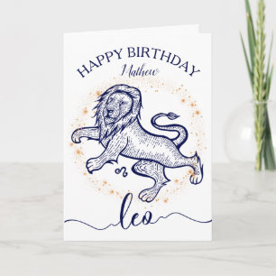 Leo Zodiac Navy & Gold Monochrome Birthday Card Kaart