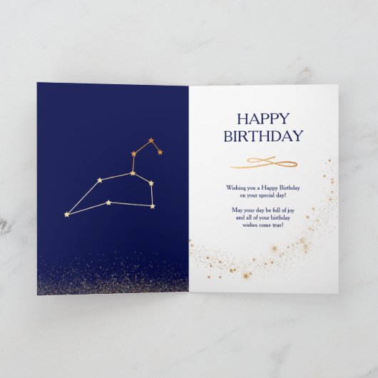 Leo Zodiac Navy & Gold Monochrome Verjaardag Kaart (Binnen)