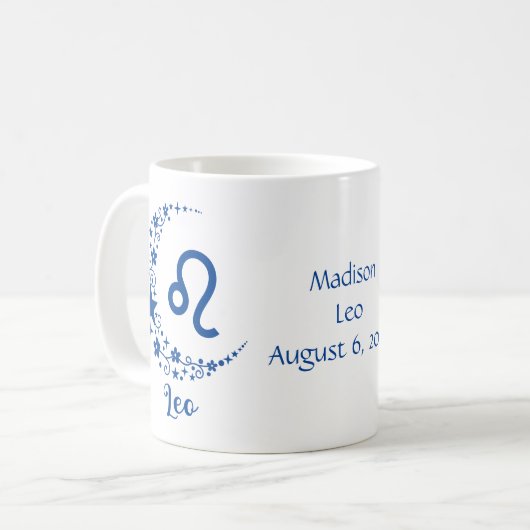 Leo Zodiac Sign Astrology Birthday Blue White Koffiemok (Voorkant links)