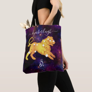 Leo Zodiac Sign Cosmic Monogram Name Gold Paars Tote Bag