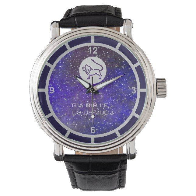 Leo Zodiac Sign Elegant Aangepaste naam geboorteda Horloge (Voorkant)