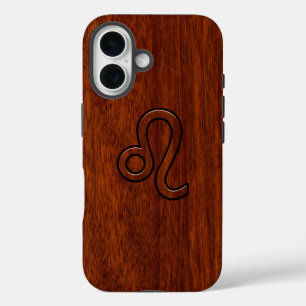 Leo Zodiac Sign in Mahogany wood style iPhone 16 Hoesje