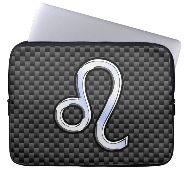 Leo Zodiac Sign on Charcoal Carbon Fiber Print Laptop Sleeve (Voorkant)