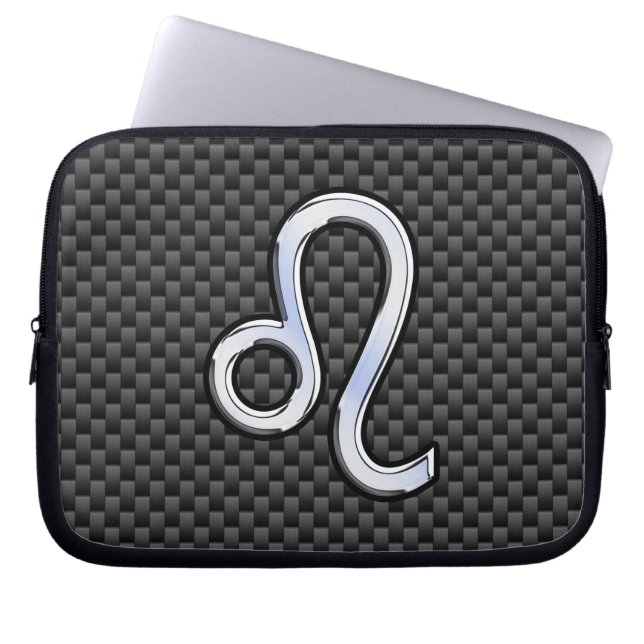 Leo Zodiac Sign on Charcoal Carbon Fiber Print Laptop Sleeve (Voorkant)
