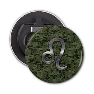 Leo Zodiac Sign on Green Digital Camo Button Flesopener