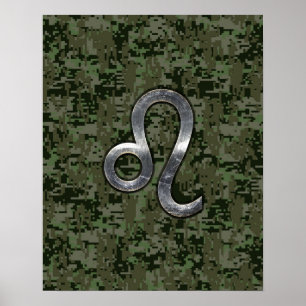 Leo Zodiac Sign on Green Digital Camouflage Poster