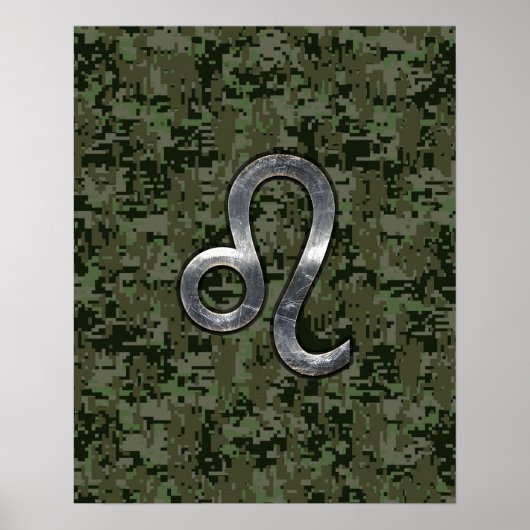 Leo Zodiac Sign on Green Digital Camouflage Poster (Voorkant)