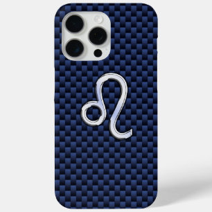 Leo Zodiac Sign on Navy Blue Carbon Fiber Print iPhone 15 Pro Max Hoesje