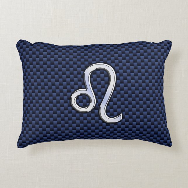Leo Zodiac Sign on Navy Blue Carbon Fiber Print Decoratief Kussen (Voorkant)