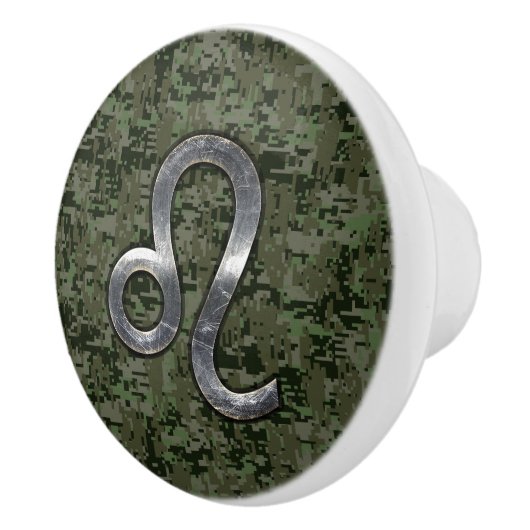 Leo Zodiac Sign on Olive Green Digital Camo Keramische Knop (Rechts)