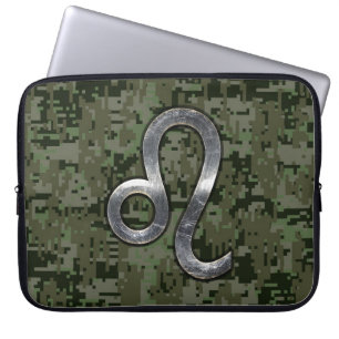 Leo Zodiac Sign on Olive Green Digital Camo Laptop Sleeve