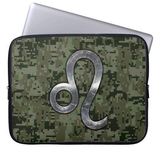 Leo Zodiac Sign on Olive Green Digital Camo Laptop Sleeve (Voorkant)