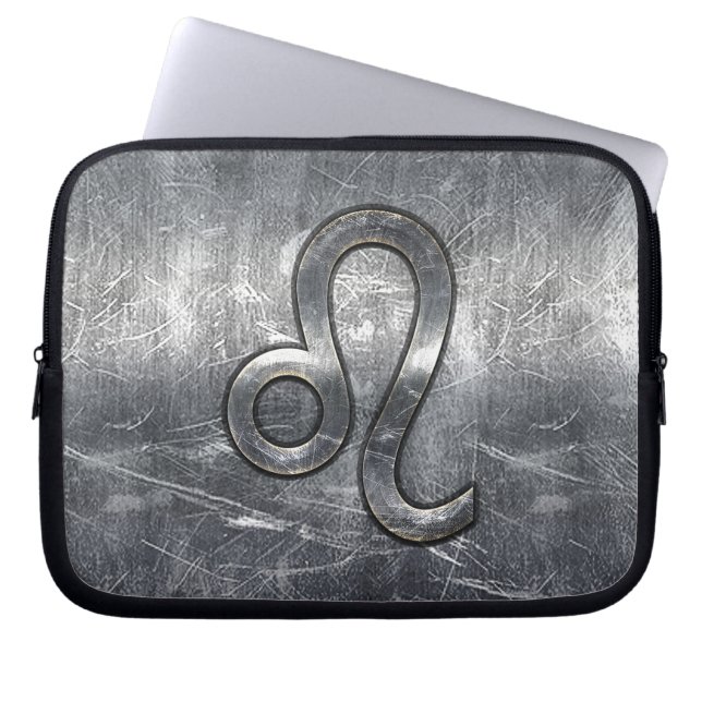 Leo Zodiac Symbool in Silver Steel Style Laptop Sleeve (Voorkant)