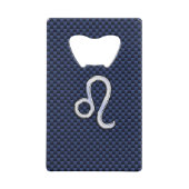 Leo Zodiac Symbool op Navy Blue Carbon Print Creditkaart Flessenopener (Voorkant)
