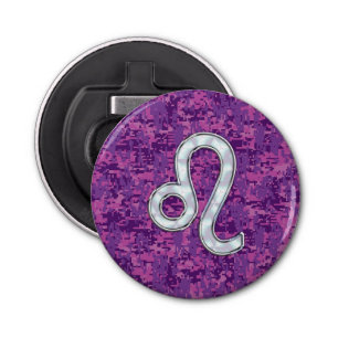 Leo Zodiac-symbool op roze Fuchsia Digital Camo Button Flesopener
