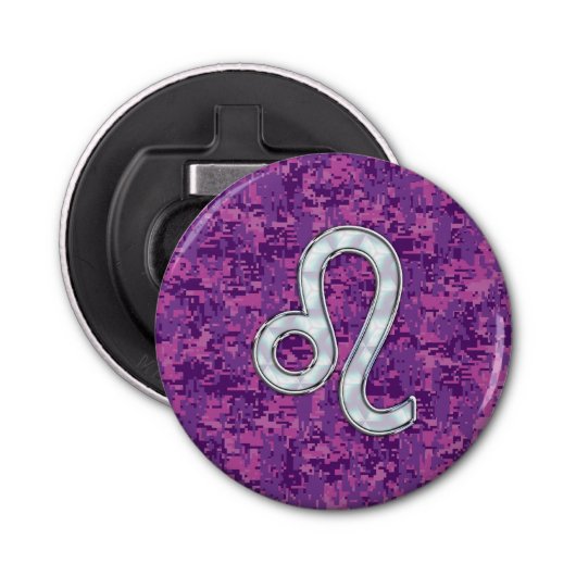 Leo Zodiac-symbool op roze Fuchsia Digital Camo Button Flesopener (Voorkant)