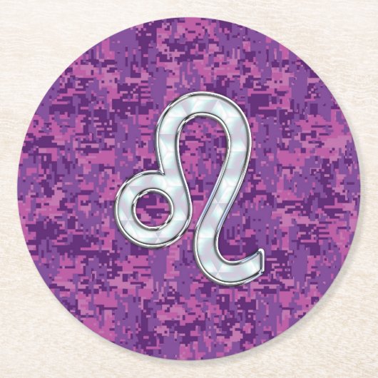 Leo Zodiac-symbool op roze Fuchsia Digital Camo Ronde Kartonnen Onderzetter (Voorkant)