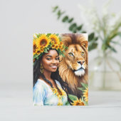 Leo Zwart Vrouw Met Zonnebloemen en Leeuw Briefkaart (Staand voorkant)