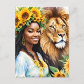 Leo Zwart Vrouw Met Zonnebloemen en Leeuw Briefkaart (Voorkant)