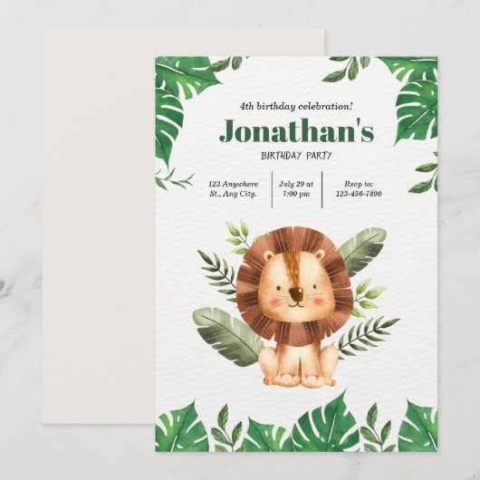 Leon Zoo Party: Een minimalistische Verjaardag van Kaart (Voorkant / Achterkant)