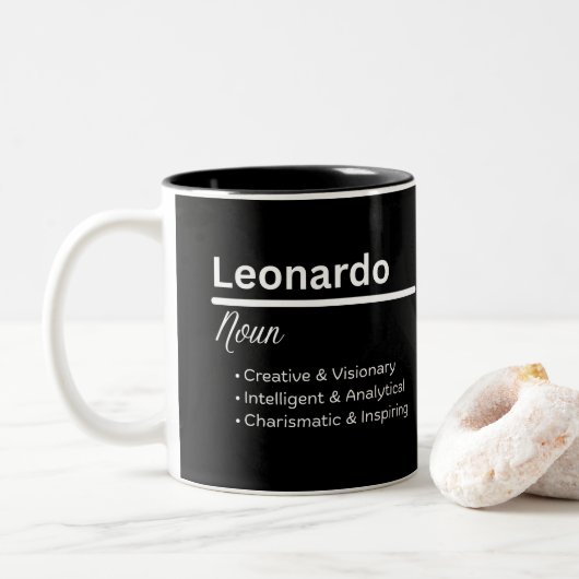 Leonardo Boy Name Definition Personalized Mug Tweekleurige Koffiemok (Met donut)
