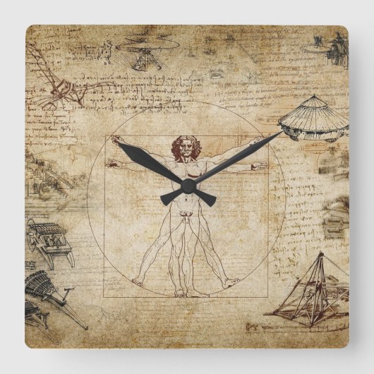 leonardo Da Vinci Vitruvian Man Vierkante Klok (Voorkant)