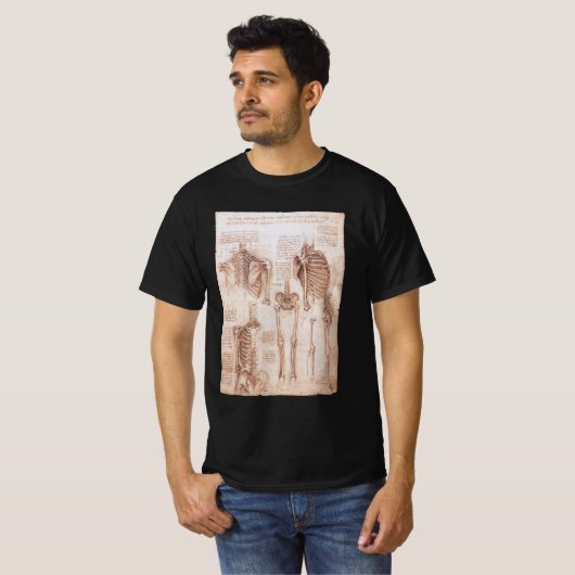 Leonardo da Vinci's menselijke anatomie skelet Bot T-shirt (Voorkant volledig)