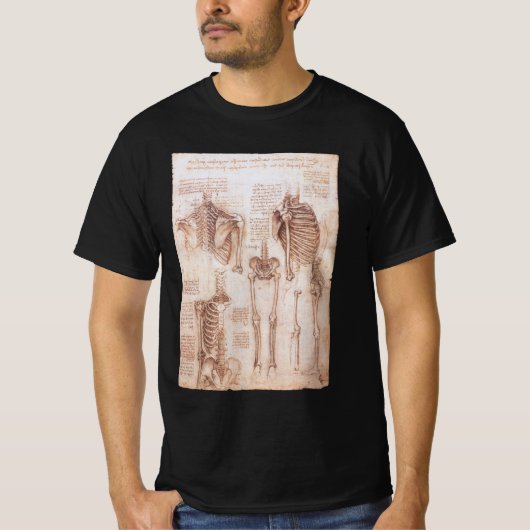 Leonardo da Vinci's menselijke anatomie skelet Bot T-shirt (Voorkant)