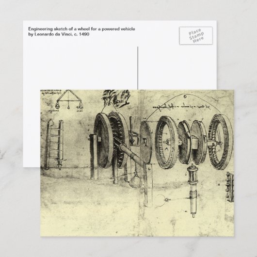 Leonardo da Vinci's technische schets van een wiel Briefkaart (Voorkant / Achterkant)