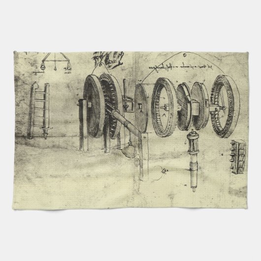 Leonardo da Vinci's technische schets van een wiel Theedoek (Horizontaal)
