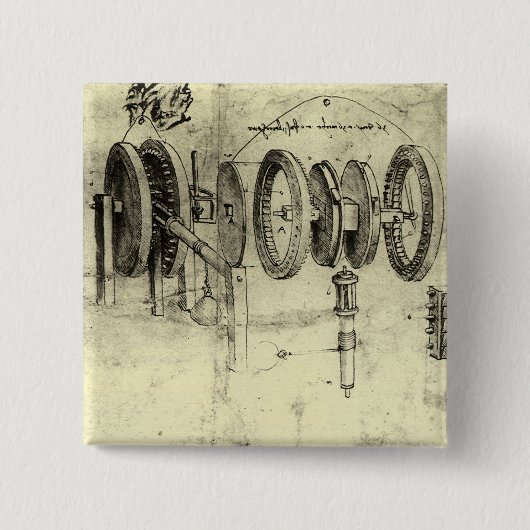 Leonardo da Vinci's technische schets van een wiel Vierkante Button 5,1 Cm (Voorkant)