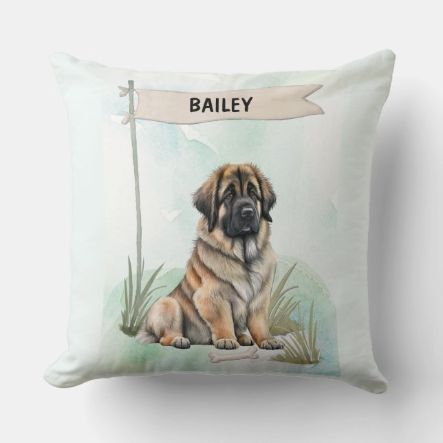Leonberger Aquarel Gepersonaliseerde Hond Kussen (Voorkant)