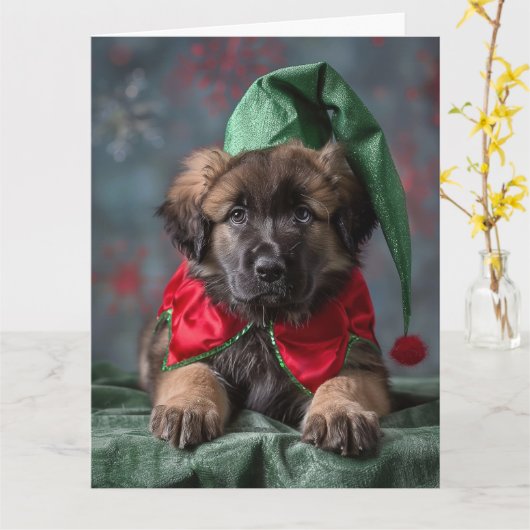 Leonberger Elf Puppy Kerst Kaart (Gele Bloem)