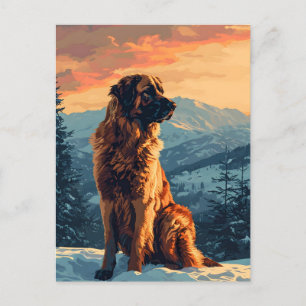 Leonberger hond in het besneeuwde bos tijdens zons briefkaart