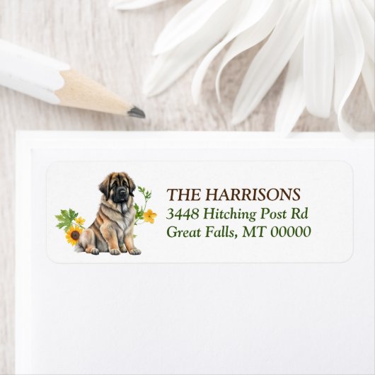 Leonberger hond zonnebloem krans etiket (Insitu)