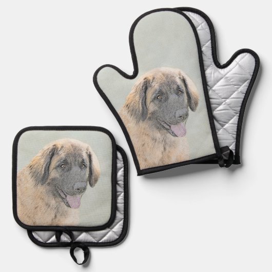 Leonberger Schilderij Leo Schattigee Originele Pet Ovenwant & Pannenlap Set (Voorkant / Achterkant)
