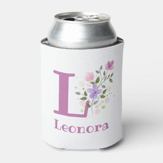 Leonora Naam met een bloemendesign Blikjeskoeler (Blikje Voorkant)