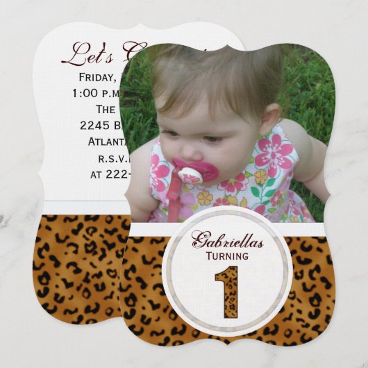 Leopard 1st Birthday: Afbeelding:partijuitnodiging Kaart (Voorkant / Achterkant)