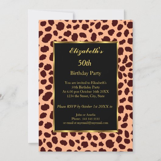 Leopard 50th Birthday Party Gold Black Kaart (Voorkant)