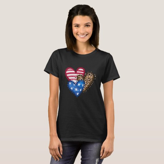 Leopard American Flag Hearts 4 juli Gift T-shirt (Voorkant volledig)