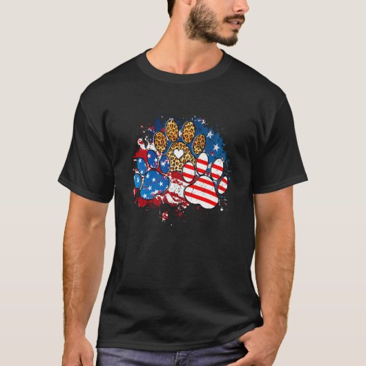 Leopard American Flag Hearts 4th Of July Dog Paw M T-shirt (Voorkant)