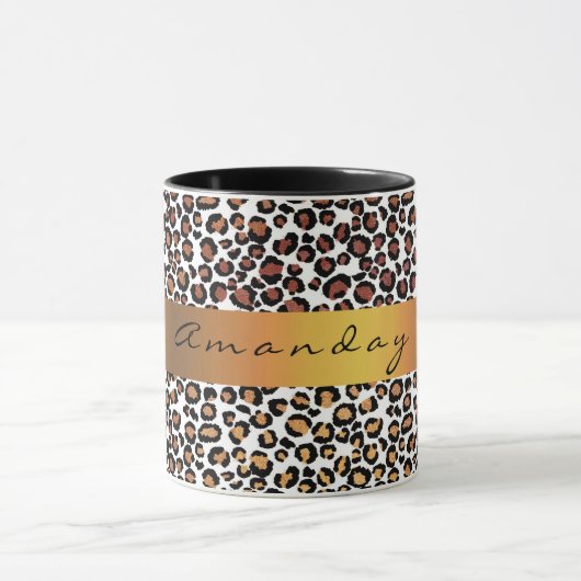 Leopard Animal Black White Gold Stripe Name Coffe Mok (Midden)