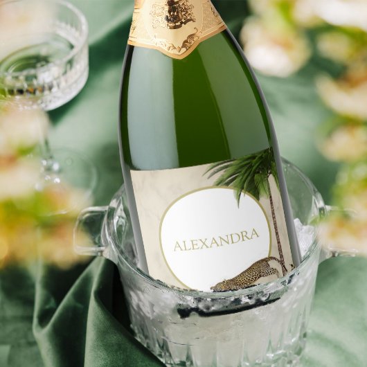 Leopard Animal Pattern Elegant Palm Party Sparkling Wijnetiket