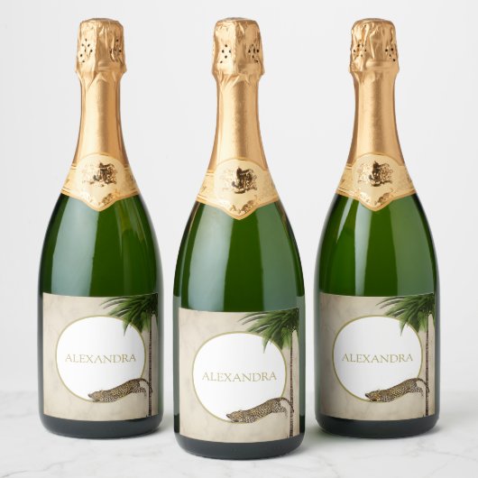 Leopard Animal Pattern Elegant Palm Party Sparkling Wijnetiket (Flessen)