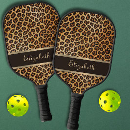 Leopard Animal Print Brown & Gold Stripe Sports Pickleball Paddle
