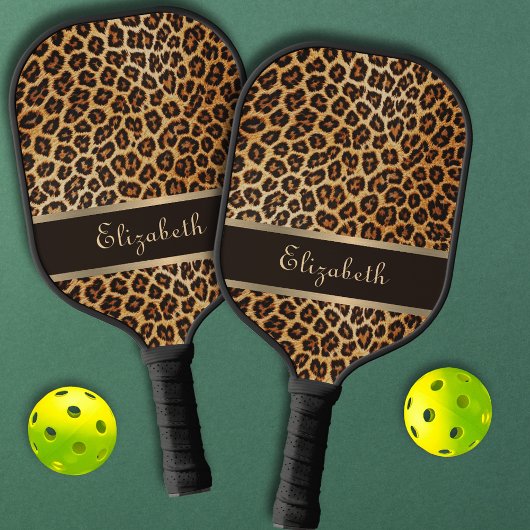 Leopard Animal Print Brown & Gold Stripe Sports Pickleball Paddle