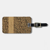 Leopard Animal Print Bruin Elegant Script Naam Bagagelabel (Voorkant horizontaal)