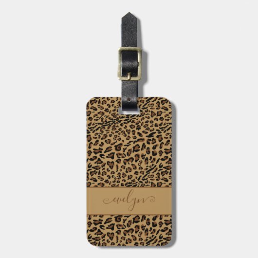 Leopard Animal Print Bruin Elegant Script Naam Bagagelabel (Voorkant verticaal)