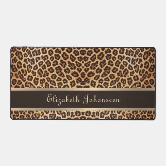 Leopard Animal Print Bruin & Gouden Streep Glamour Bureaumat (Voorkant)